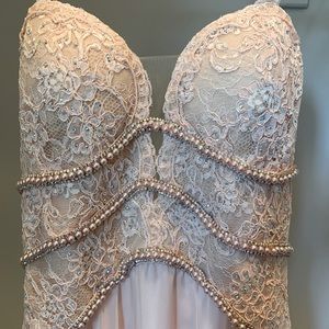 La femme size 2 blush beaded strapless gown